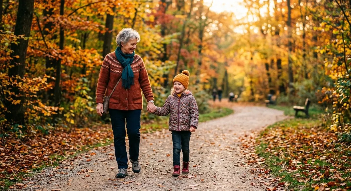 Monika spaziert mit ihrer Enkelin im Park
